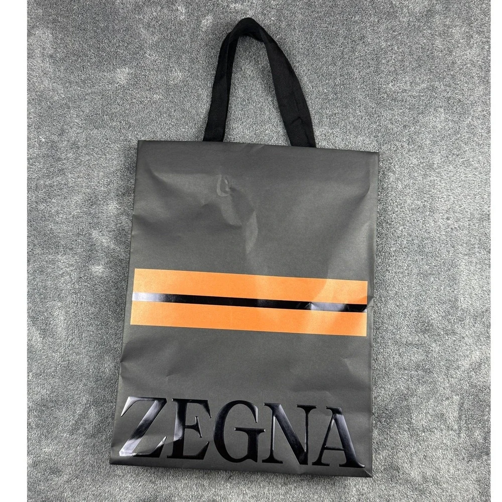 Zegna‎ Black Orange Stripe Embossed Logo Large Paper Shopping Gift Bag 18.5x13.5